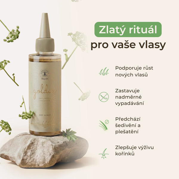 Rapuncell Golden Solution - tonikum k růstu vlasů a zastavení nadměrného padání pro suchý typ pokožky.