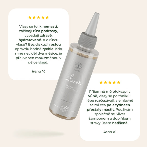 Rapuncell Silver Solution - tonikum k růstu vlasů a zastavení nadměrného padání pro mastný typ pokožky.
